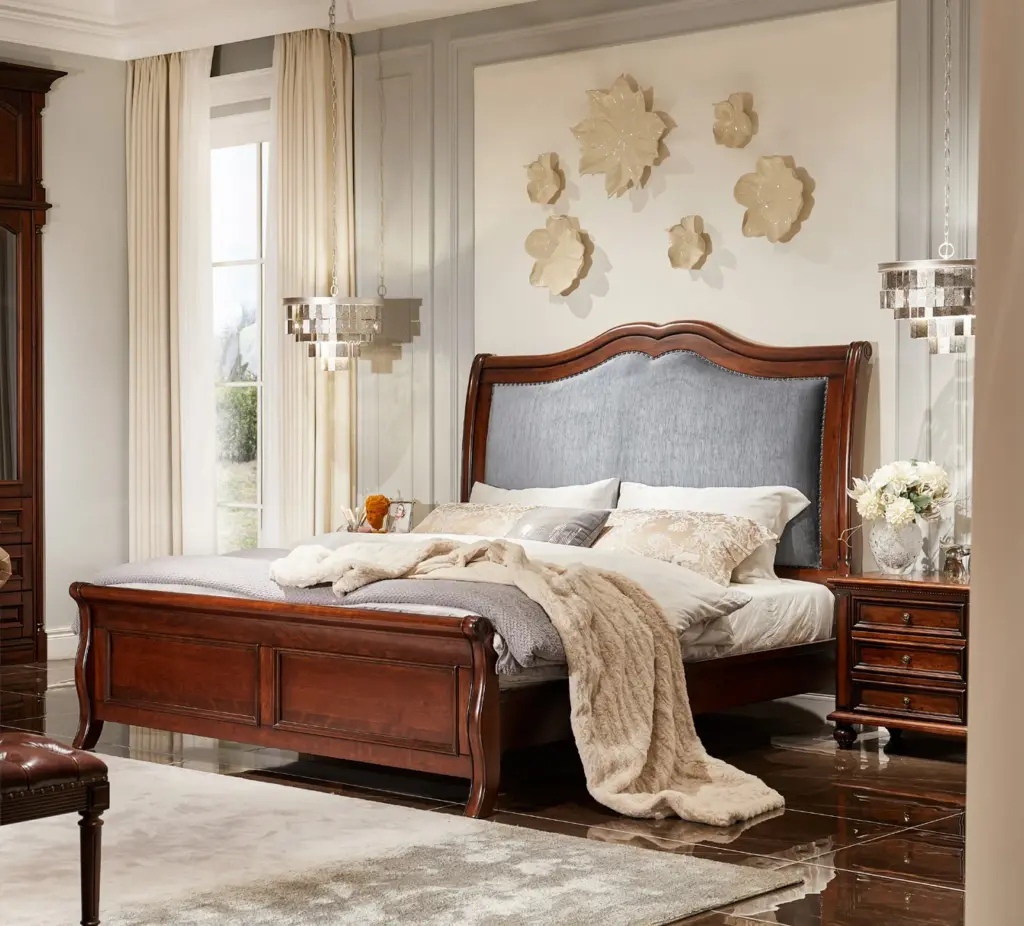 Dark Wood-Tone Framed Upholstered Bed