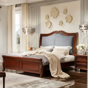 Dark Wood-Tone Framed Upholstered Bed