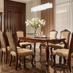 Dark Wood-Tone Carved Dining Table