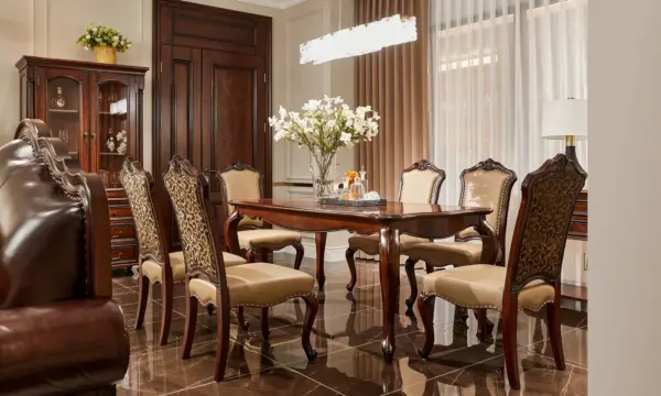 Dark Wood-Tone Carved Dining Table