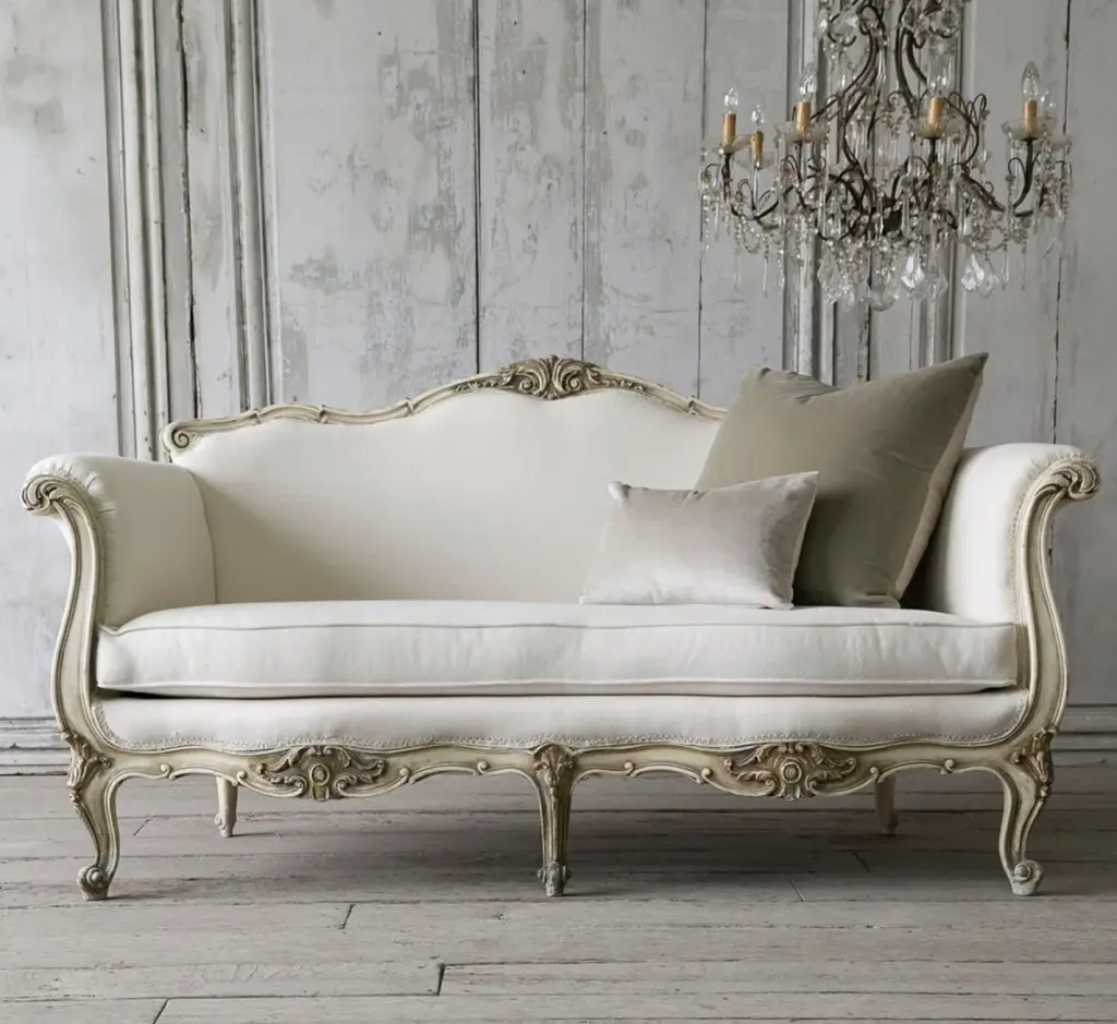Ivory Curved Sofa with Carved Details