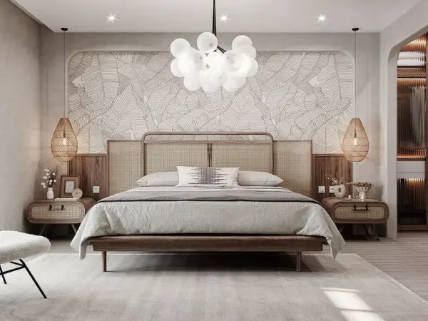 Beige Woven-Look Framed Bed