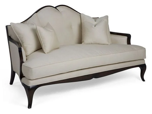 Ivory Scalloped Sofa with Dark Wood-Tone Accents
