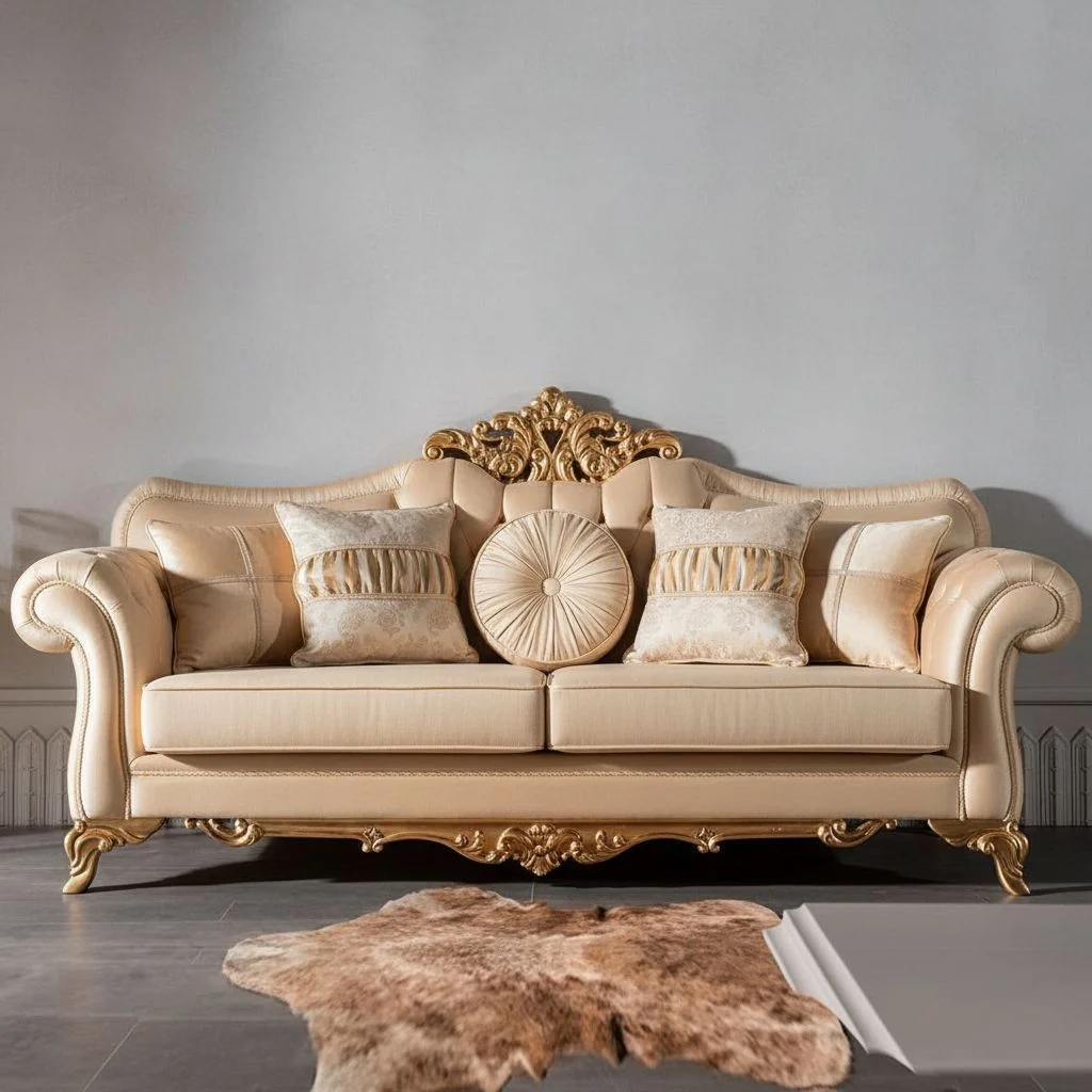 Ivory Crest-detail Scroll-arm Sofa