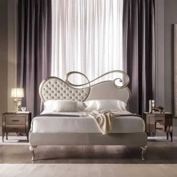 Scroll-detail Button-tufted Grey Bed