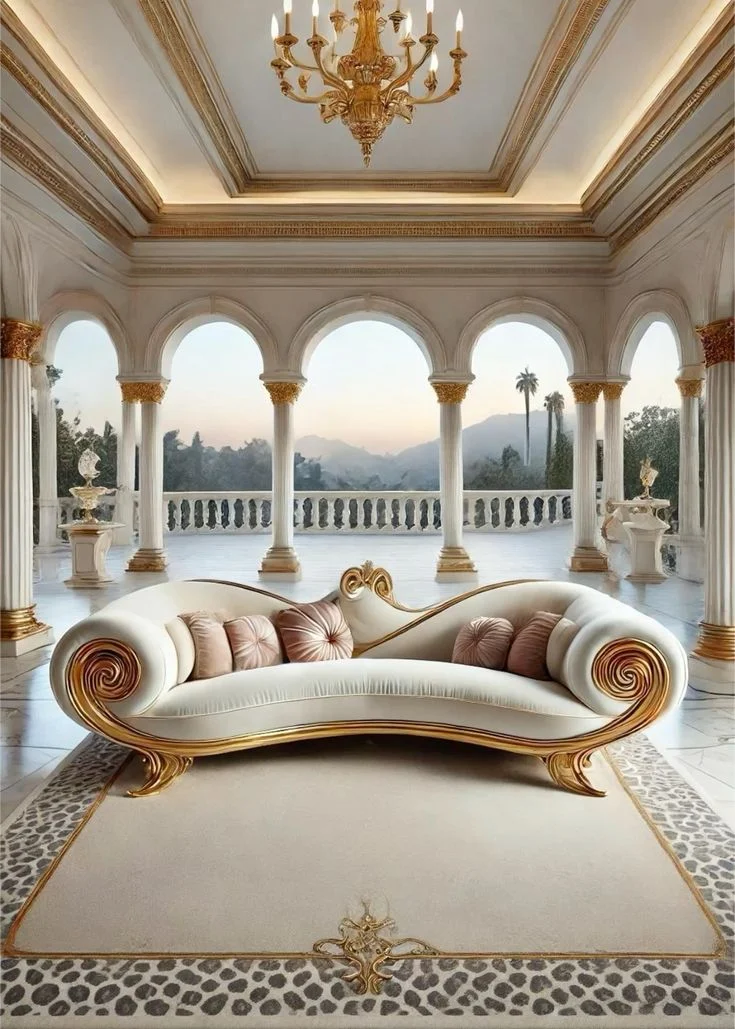 Gold-accent Scroll-detail Ivory Sofa