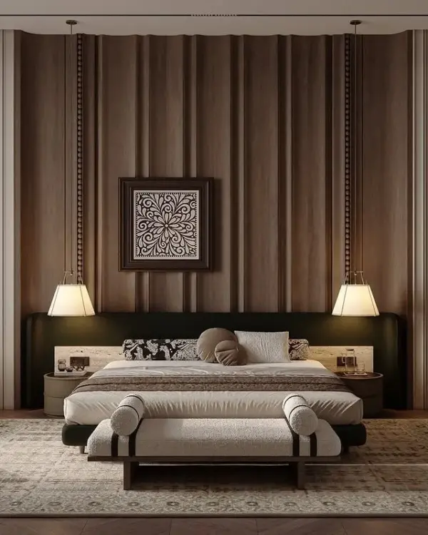 Dark-tone Wide-frame Upholstered Bed