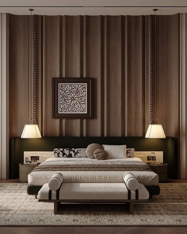 Dark-tone Wide-frame Upholstered Bed