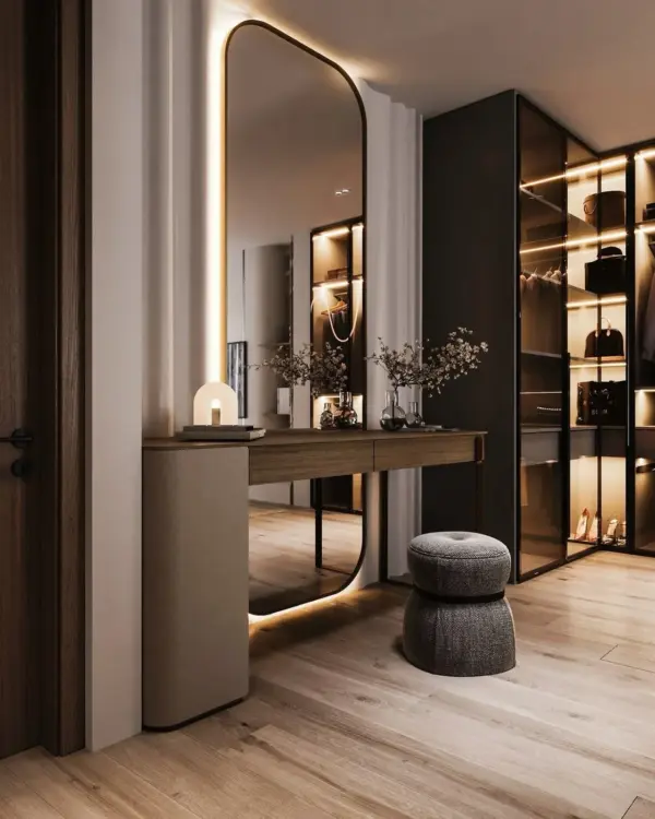 Dark-tone Linear Mirror-detail Dressing Table