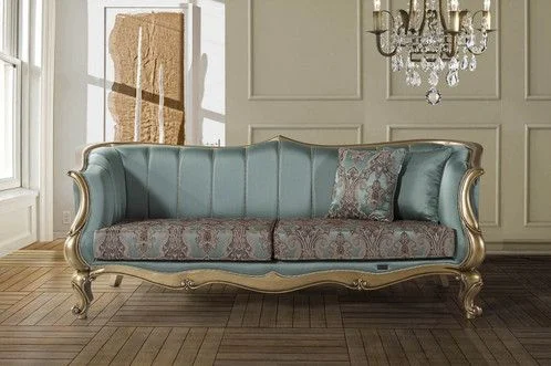 Blue Channelled Carved Sofa