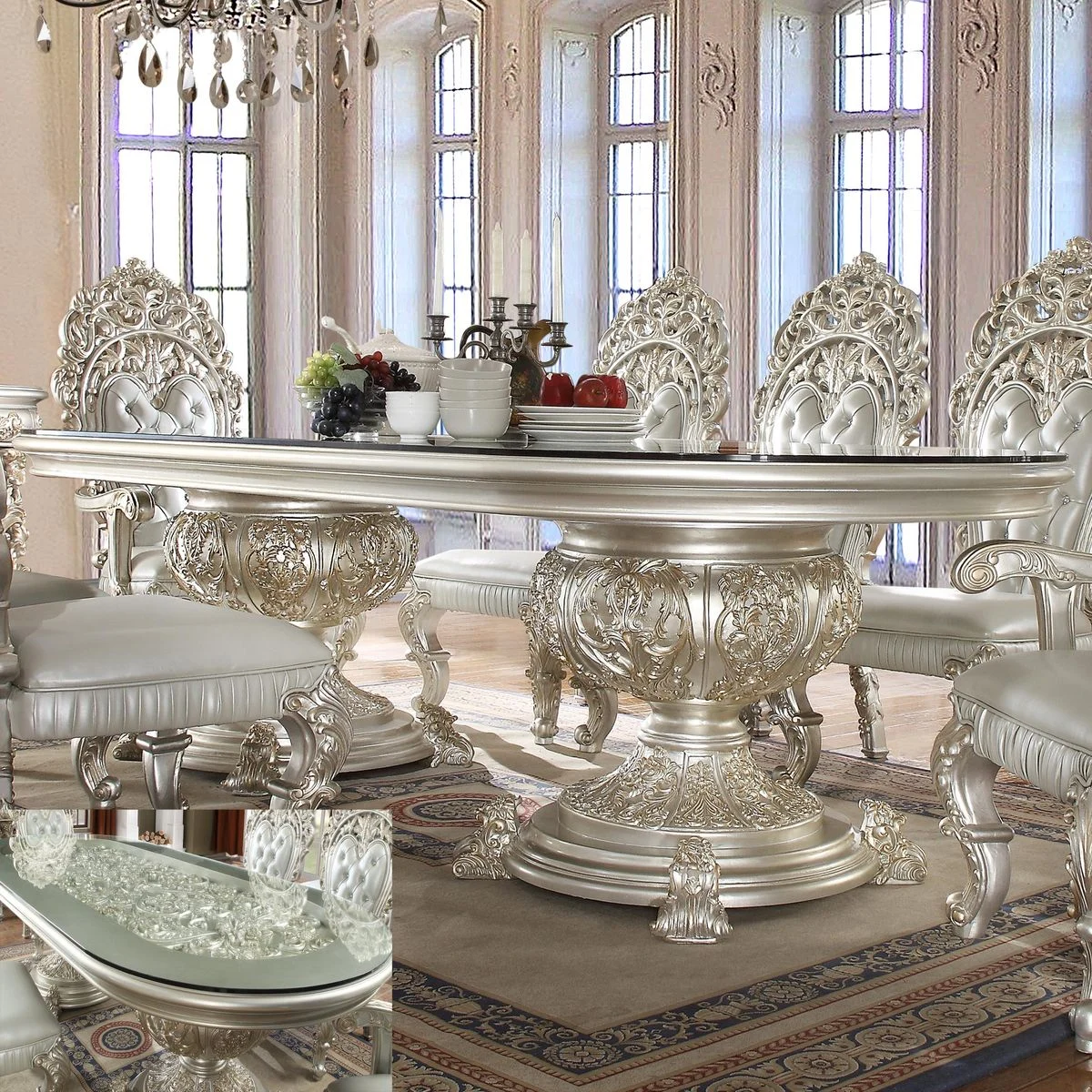 Ivory Ornate Pedestal Dining Table