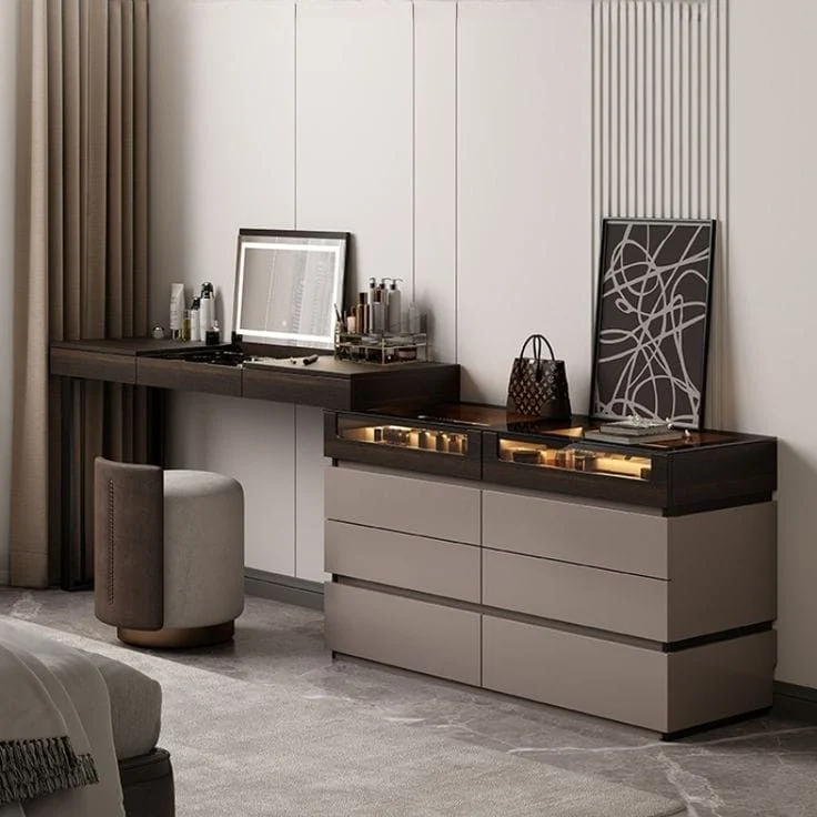 Grey Linear Mirror-detail Dressing Table