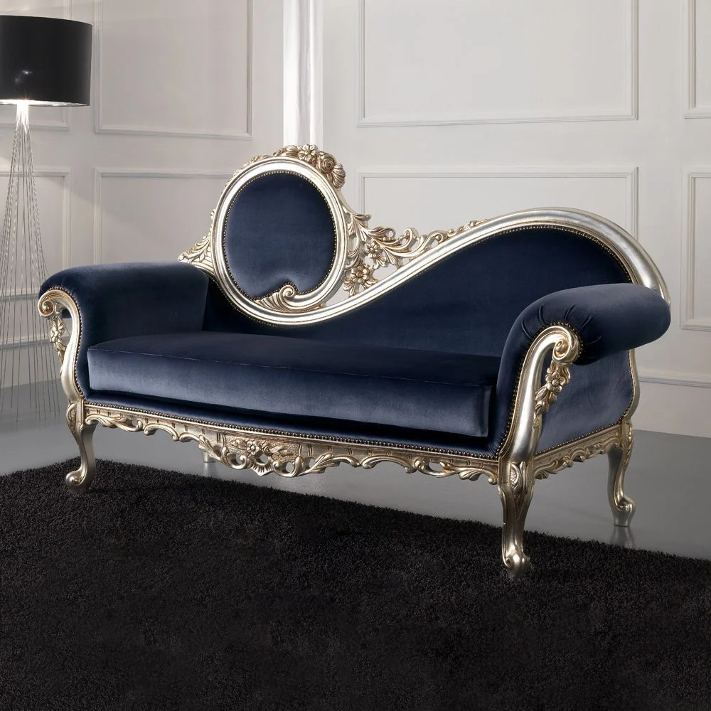 Blue Scroll-detail Gold-accent Chaise Longue