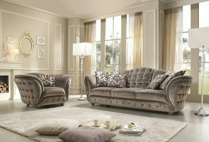 Grey Button-tufted Scroll-arm Living Room Seating