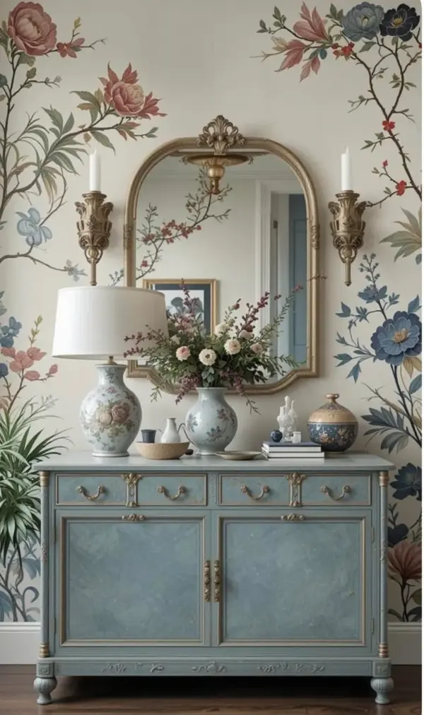 Blue Floral-detail Framed Sideboard
