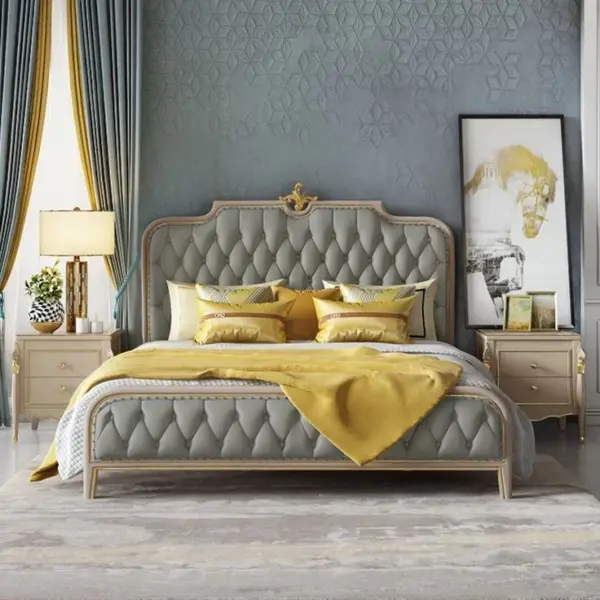 Grey Button-tufted Gold-accent Bed