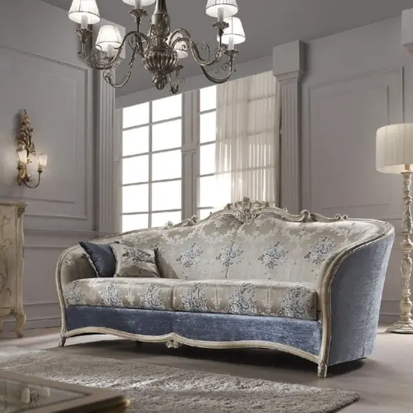 Blue Scalloped Floral-detail Sofa