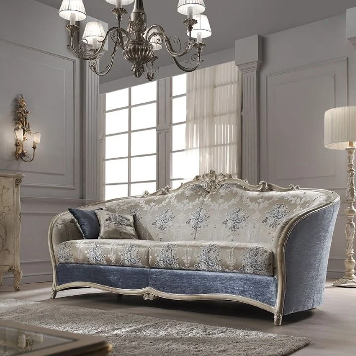 Blue Scalloped Floral-detail Sofa