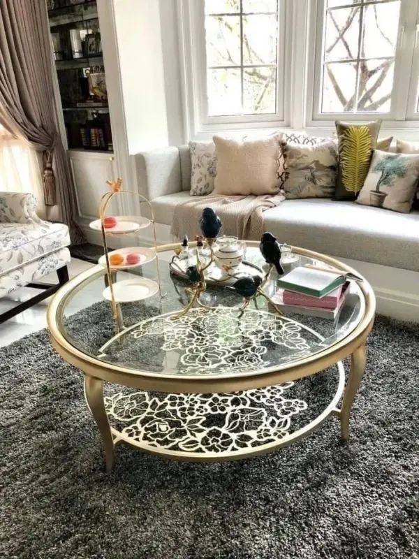 Gold-accent Round Lattice-detail Coffee Table