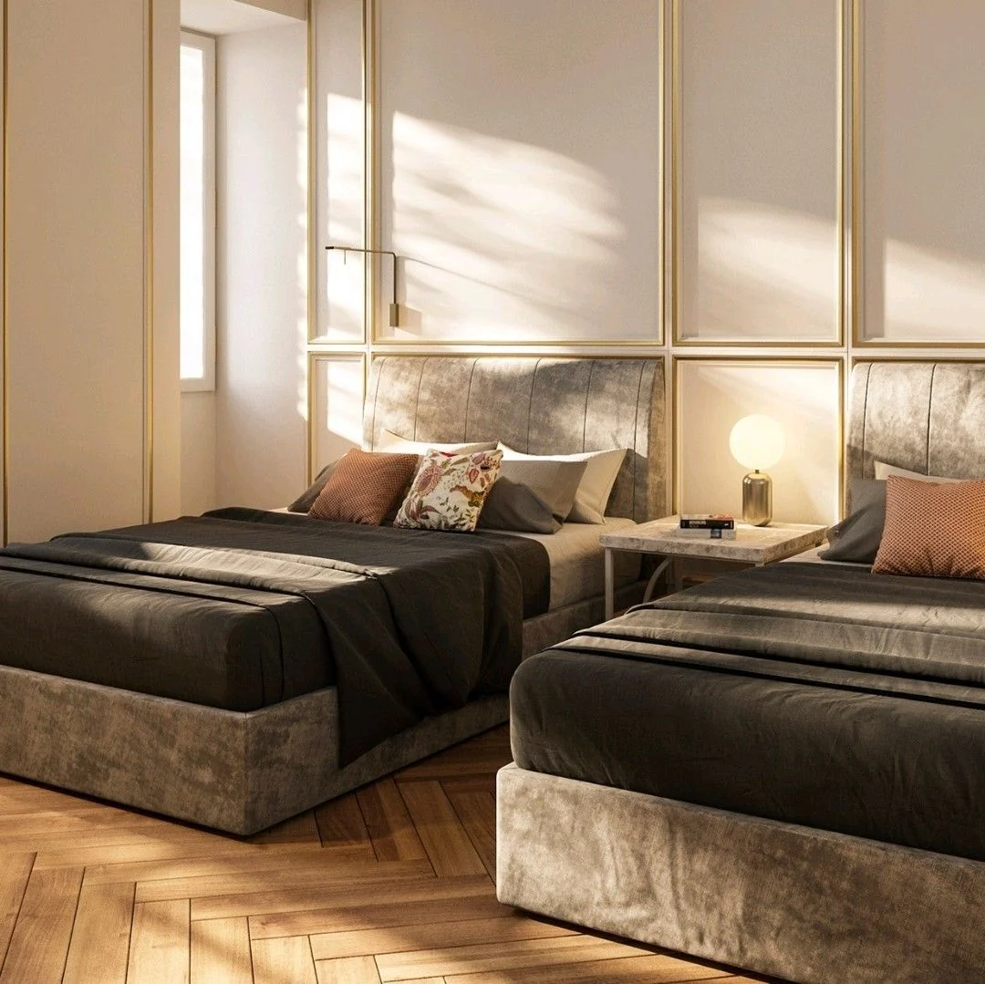 Dark-tone Twin-room Upholstered Bed