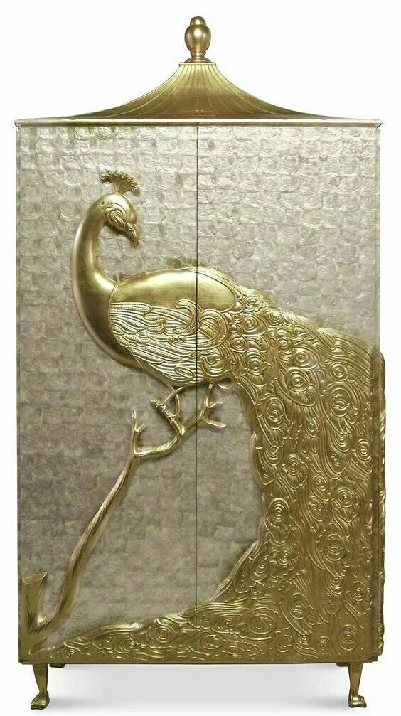 Gold-accent Peacock-detail Tall Display Cabinet