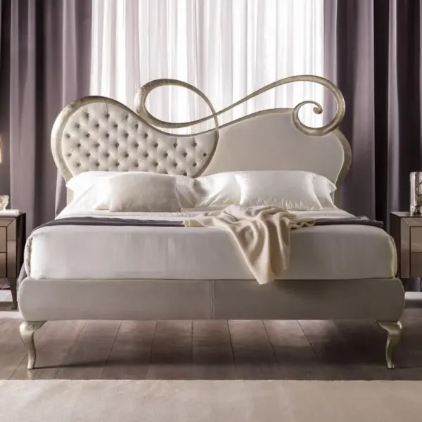 Grey Scroll-detail Button-tufted Bed