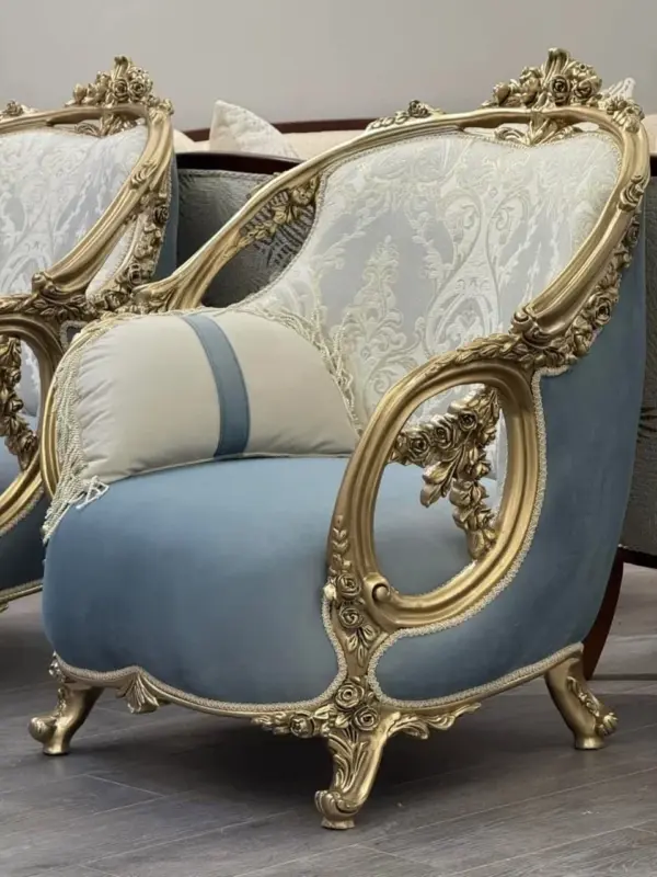Blue Gold-accent Scroll-detail Lounge Chair