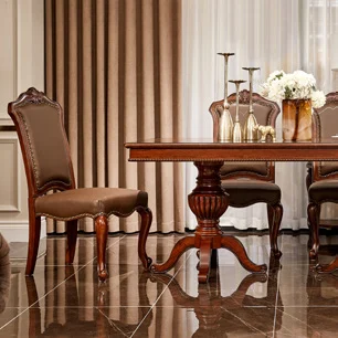Dark-tone Pedestal Carved Dining Table