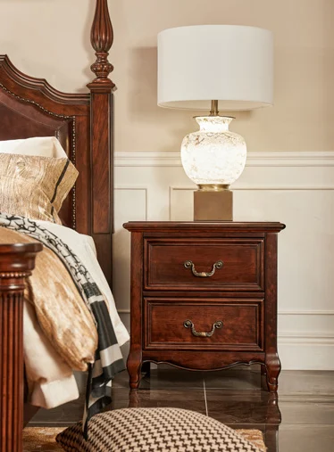 Dark-tone Drawer Carved Bedside Cabinet