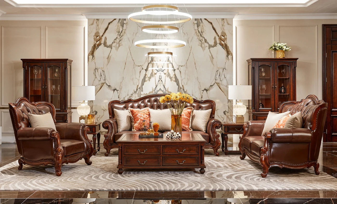 Brown Floral-detail Carved Sofa